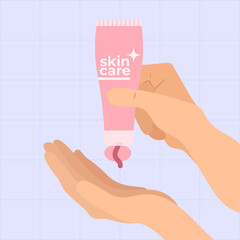 human hands fingers gestures different poses holding pink skincare in flat illustration