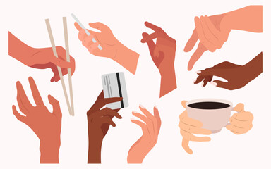 human hands fingers gestures different poses set holding something in flat illustration