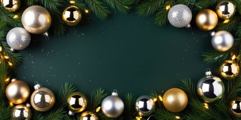 Christmas ornaments, gold and silver baubles, colorful spheres, pine branches, dark green background, festive border, holiday decoration, circular arrangement, shiny metallic surfaces, seasonal cheer,