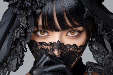 Dimly lit, gothic scene of a person in dark, stylish clothing with subtle accessories, capturing the moody, cool energy of gothic style, symbolizing depth and elegance