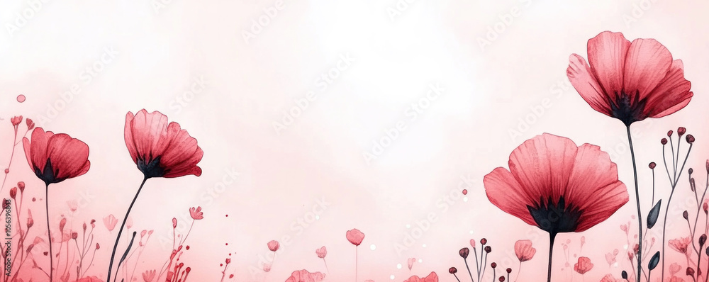 Poster a pink background with a bunch of red flowers. the flowers are arranged in a field and are of differ
