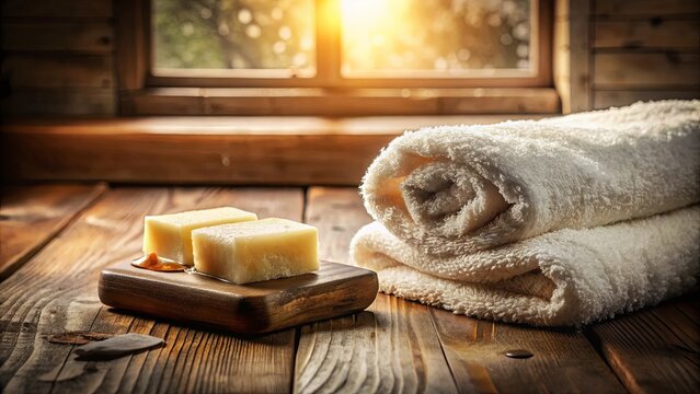 Soft towels and scented soap bars arranged on a rustic wooden surface, bathed in the golden glow of a window's afternoon light.