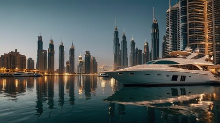 Obraz premium Nighttime view of a marina with luxury yachts and skyscrapers.