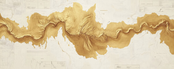 A gold and white line that is curved and has a lot of detail. It looks like a map of a river