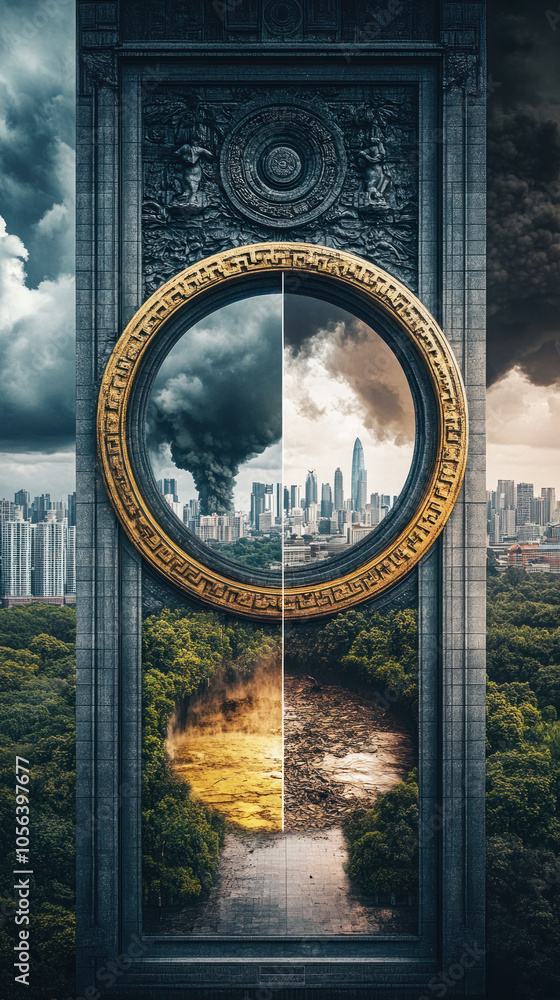 Poster a gold and black framed picture of a city with a large round window in the middle. the window is div