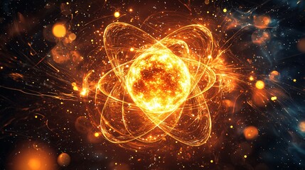 Atomic model with electrons, 3D-rendered design, scientific concept, high quality, close-up, DSLR, 16:9
