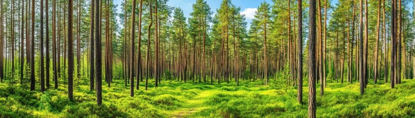 Naklejka premium A serene forest landscape with tall trees and lush greenery under a bright blue sky.