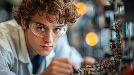 Optics and laser equipment in physics lab, student adjusting circuits, high detail, professional photography, 16:9