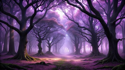 Obraz premium A Mystical Forest Path Enveloped in a Purple Haze, Where Ancient Trees Stand Tall and Roots Intertwine, Creating a Dreamlike Atmosphere