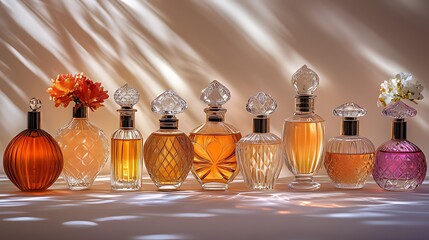 A row of nine vintage perfume bottles in various shapes and sizes, with a single orange flower in a bottle on the left and a single white flower in a bottle on the right.