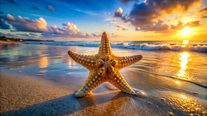 Fototapeta na wymiar A starfish, a symbol of the ocean, basks in the warm glow of a golden sunset, its five points reaching towards the horizon, a testament to nature's simple beauty.