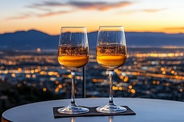 Romantic rooftop dinner with city lights below, showing a couple toasting with glasses, symbolizing elegance and shared dreams, symbolizing sophistication and closeness