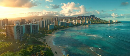 Fototapeta premium Scenic view of a coastal city with mountains and ocean at sunset.