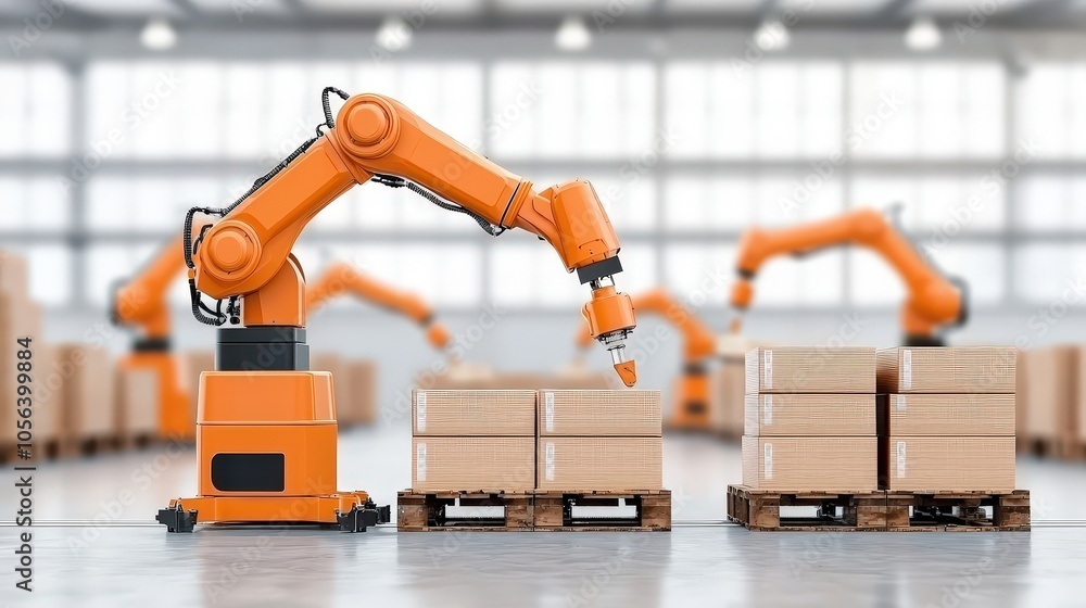 Poster an industrial robot arm efficiently handles cardboard boxes in a modern warehouse setting, showcasin