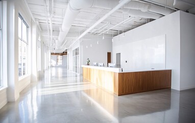 Modern office interior featuring a spacious reception area with a wooden desk and large windows providing natural light.