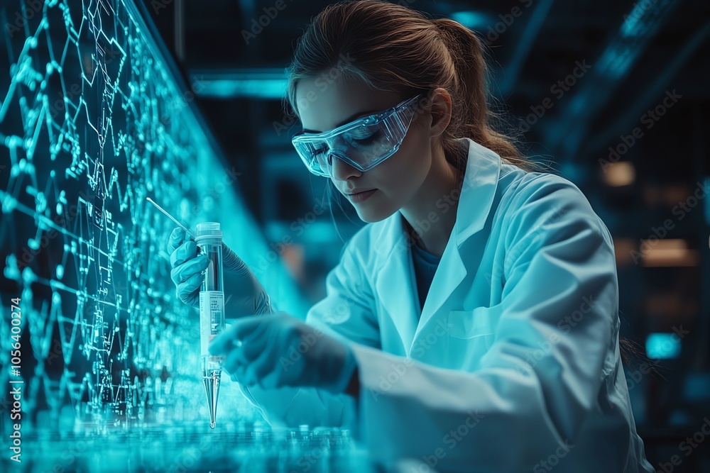 Aufkleber a female scientist in a lab coat and safety goggles is working with a pipette and test tubes in a la