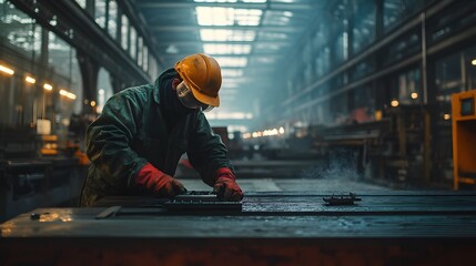 Industrial factory employee working in metal manufacturing industry.