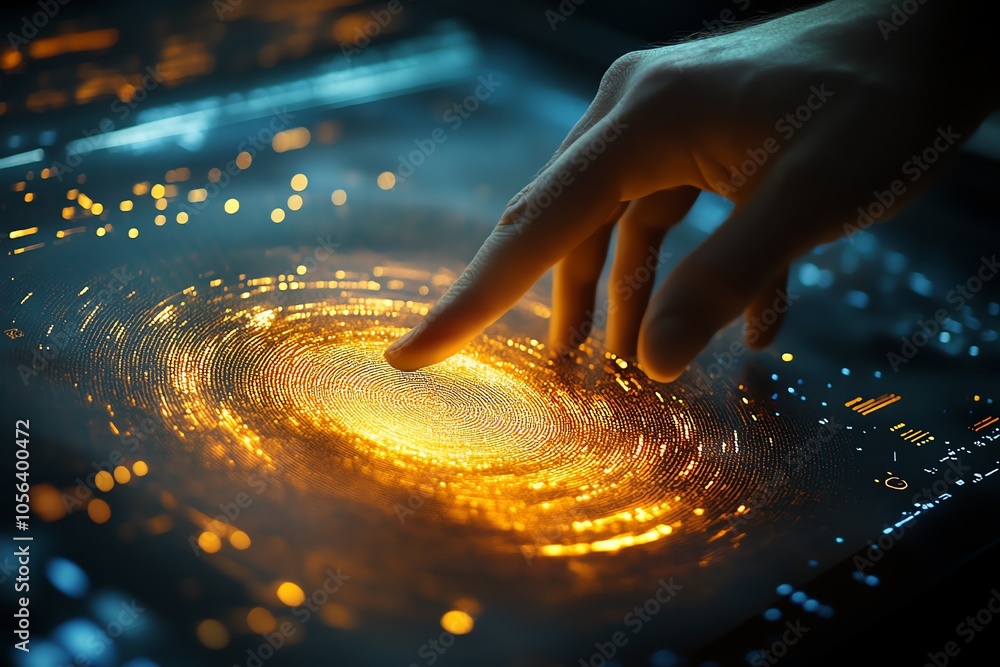 Poster A hand interacts with a digital interface, swirling with data and energy.