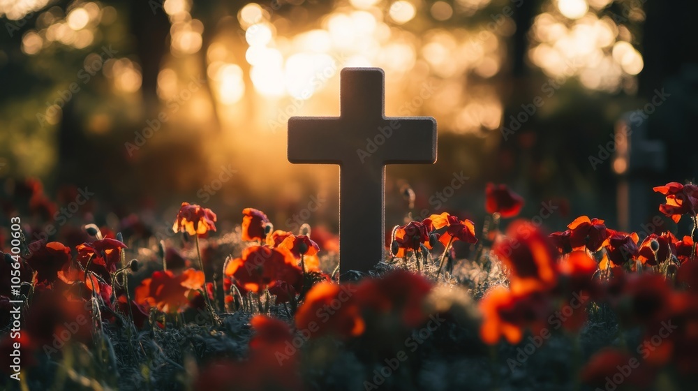 Poster serene sunset over a cross in a field of red poppies with soft sunlight and bokeh background