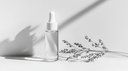 Naklejka premium minimalist product shot featuring clear glass dropper bottle beside delicate foliage, creating serene and elegant atmosphere. soft shadows enhance aesthetic appeal