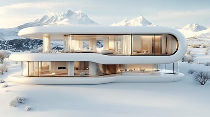 A modern, white, futuristic home with large windows sits against a backdrop of snow-covered mountains.