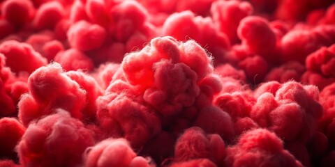 Obraz premium A close-up view of a textured surface of crimson-hued fluffy formations, resembling a dreamlike landscape of abstract clouds.