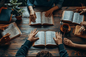 Christian Bible Study Group at Home Discussing and Reading Scripture Together