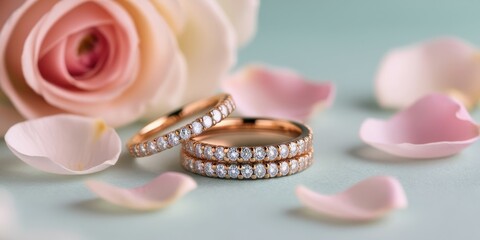 Wedding rings, diamond bands, rose petals, soft focus, pastel colors, romantic, elegant, jewelry photography, macro shot, floral backdrop, engagement, commitment, luxury, sentimental, close-up details