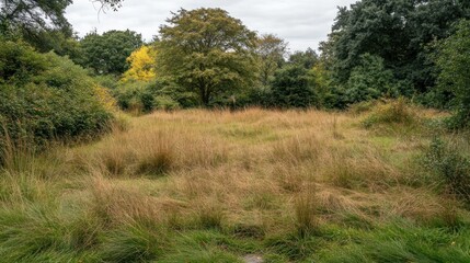 Obraz premium A serene landscape featuring tall grasses and scattered trees under a cloudy sky.