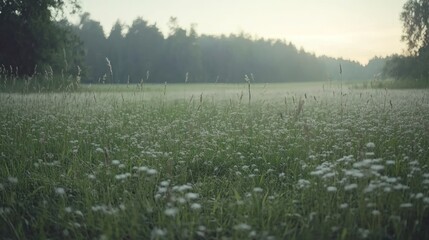 A serene meadow filled with wildflowers at dawn, capturing nature's tranquility.