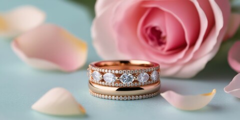 Wedding rings, diamond bands, rose petals, soft focus, pastel colors, romantic, elegant, jewelry photography, macro shot, floral backdrop, engagement, commitment, luxury, sentimental, close-up details