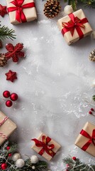 A Christmas scene with a white background and a bunch of presents and decorations