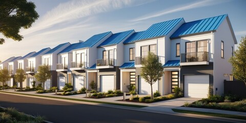Modern townhouses, blue roofs, white facades, suburban neighborhood, tree-lined street, residential development, clear sky, architectural rendering, crisp details, sunny day, symmetrical design, row o