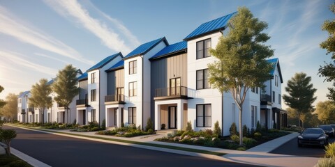 Modern townhouses, blue roofs, white facades, suburban neighborhood, tree-lined street, residential development, clear sky, architectural rendering, crisp details, sunny day, symmetrical design, row o