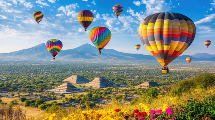 Fototapeta premium breathtaking view of colorful hot air balloons soaring over ancient pyramids of Mexico, surrounded by lush greenery and vibrant flowers, creating picturesque landscape