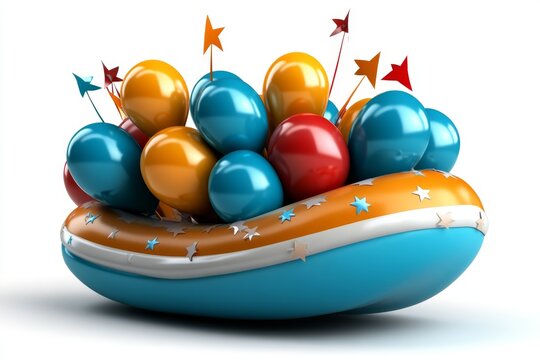 a 2D cartoon illustration of a colorful parade float decorated with balloons festive and cheerful white background
