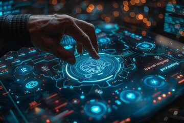 businessman touch digital brain icon natural language processing on virtual screen of AI technology concept
