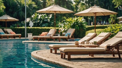 Obraz premium Serene poolside scene with loungers and umbrellas in a lush setting.