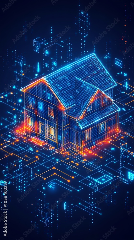 Poster a glowing digital house with circuit board lines and symbols, suggesting the concept of a smart home