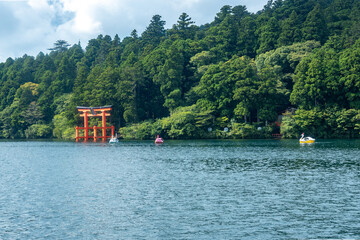 Pedal boat tour on the serene lake ashi with a stunning torii gate and lush foliage in the...