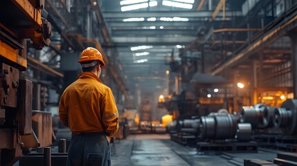 Industrial factory employee working in metal manufacturing industry.