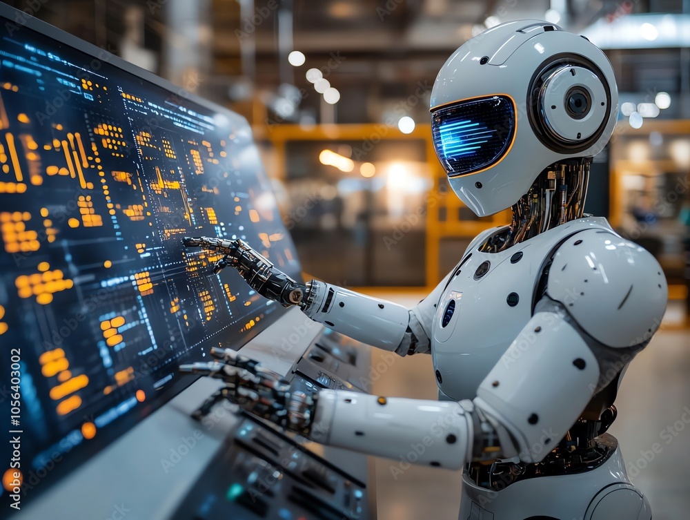 Poster A humanoid robot with glowing blue eyes operates a large digital control panel in a futuristic factory setting.