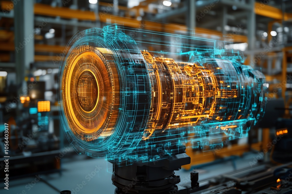 Aufkleber a futuristic concept of a 3d digital hologram of a machine part in a modern factory.