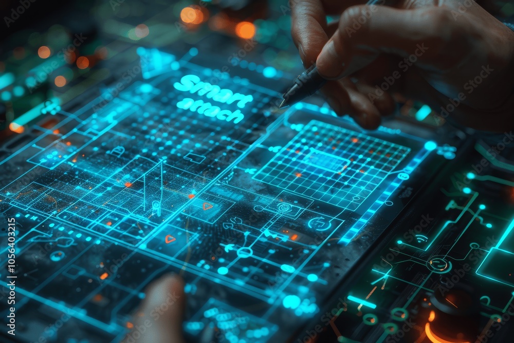 Poster digital hologram of smart grid with renewable energy icons and engineer in office setting