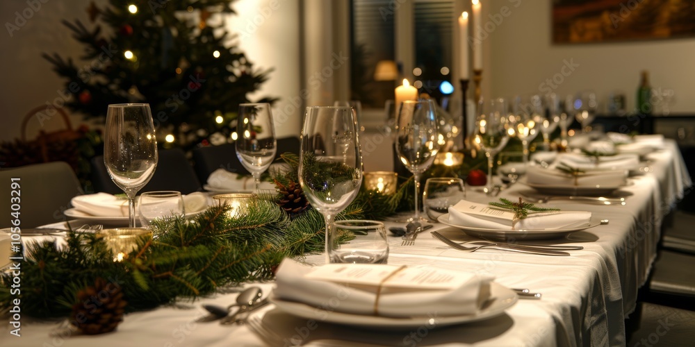 Poster a table with a christmas tree in the background and a long table with many wine glasses and plates