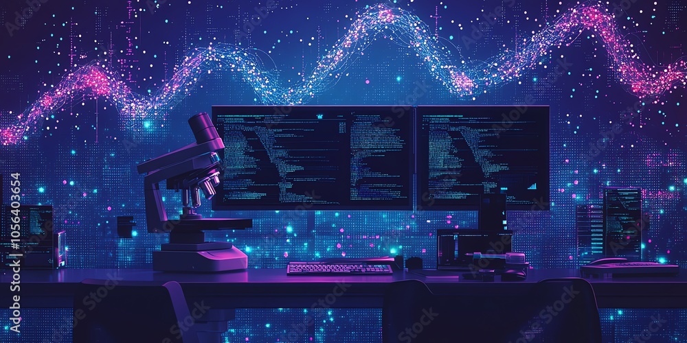 Poster A futuristic workspace with two monitors displaying code, a microscope, and a keyboard on a purple desk. The background is a starry night sky with glowing particles.
