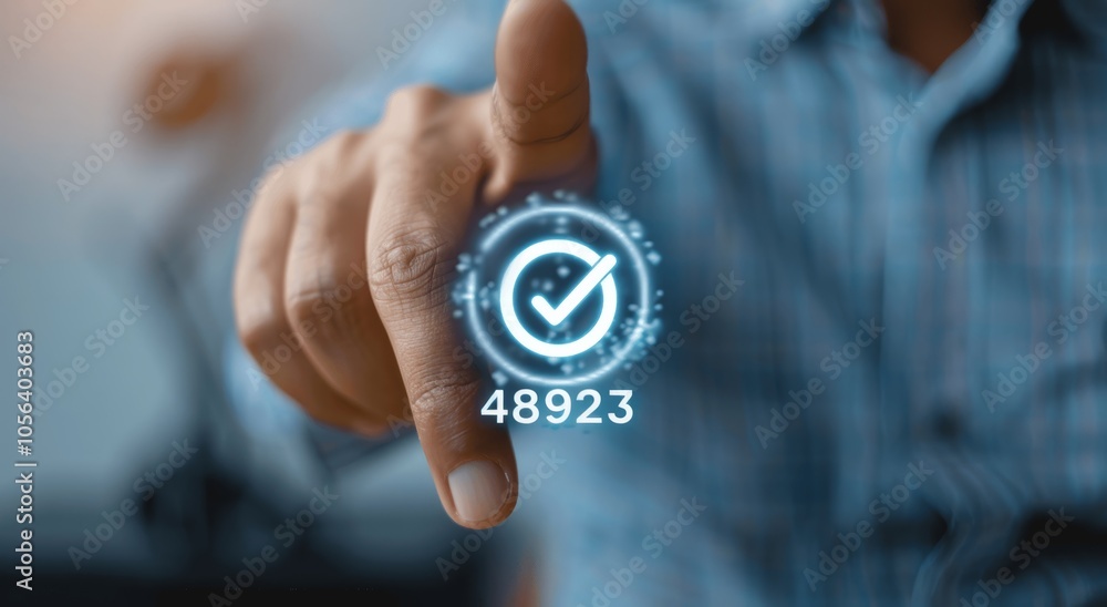 Poster businessman hand touching check mark icon on virtual screen for customer service quality and approva