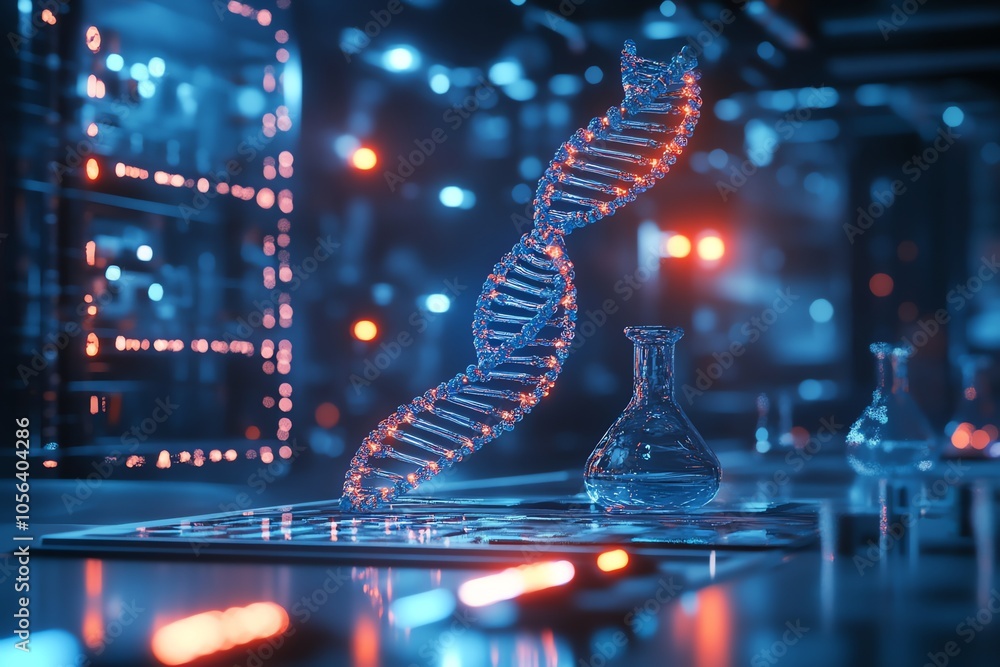 Poster a glowing dna strand stands in a laboratory setting with beakers and other equipment.