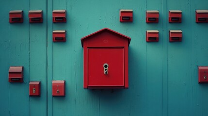 Red Mailboxes on Teal Wall