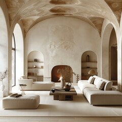 Modern luxury living room with minimalist furniture, fireplace, arched ceiling in beige tones